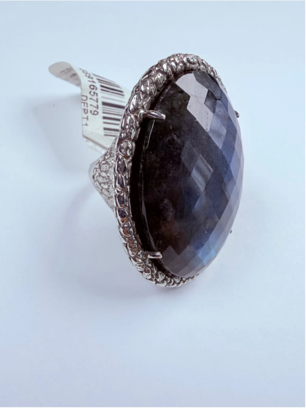 Grand 53 CT Labradorite Solitaire 925 Sterling Silver Crocodile Scale Ring NWT